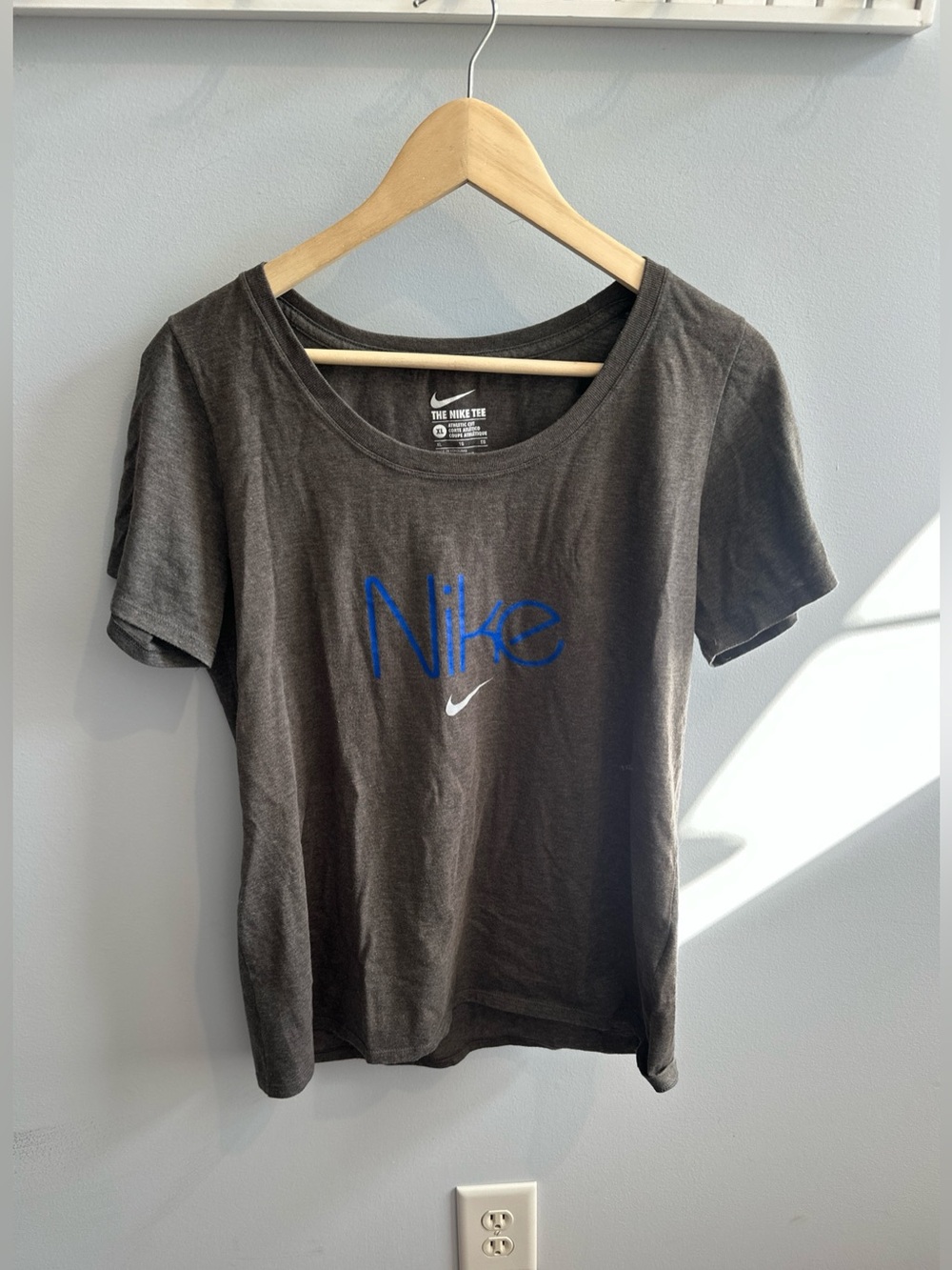 Nike Women's Charcoal Tee with Blue Script Logo